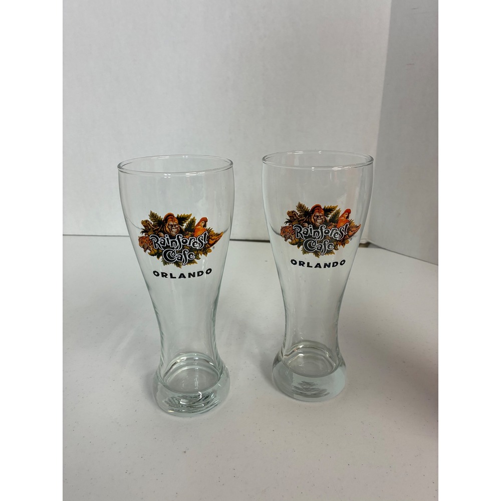 Rainforest Cafe Orlando Pilsner Glasses Set of 2 Vintage Souvenir Barware 8.25in